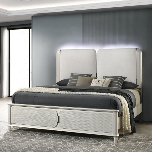 Laveda Queen Bed w/ LED in Light Gray Boucle & Pearl White Wood