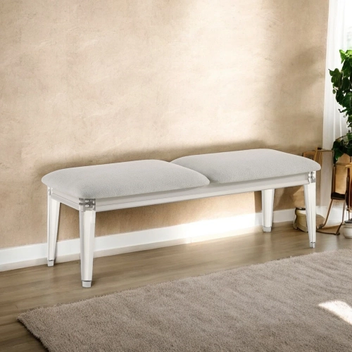 Laveda Bench in Light Gray Boucle Fabric & Pearl White Finish Wood