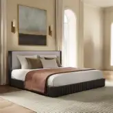 Clayten King Bed in Beige Linen & Espresso