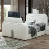 Shelyn King Bed with LED, TV Cabinet, Fireplace & Bluetooth in White Teddy Sherpa