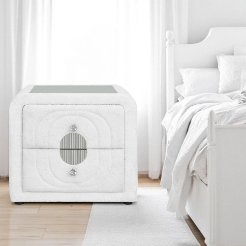 Shelyn Nightstand in White Teddy Sherpa & Chrome