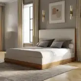 Zoey King Bed in Beige Fabric & Wire Brushed Oak