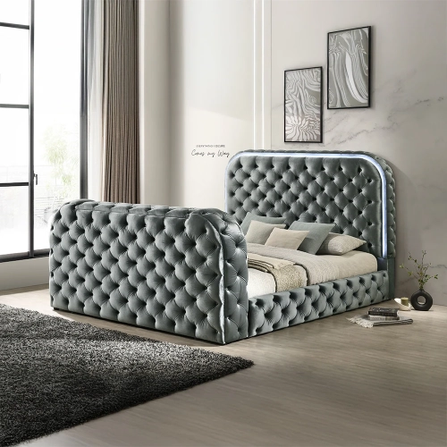 Kana Queen Bed w/ LED, Fireplace & TV Stand in Tufted Gray Velvet