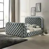 Kana Queen Bed w/ LED, Fireplace & TV Stand in Tufted Gray Velvet