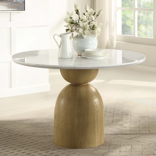 Kala 48" Round Dining Table in Natural Marble & Oak Venner