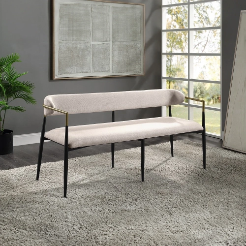 Jaramillo Dining Bench in Beige Linen, Gold & Black Metal