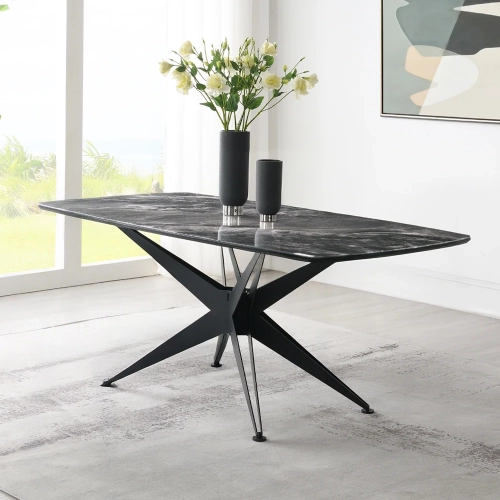 Klaus 71" Dining Table in Crystal Tempered Glass & Black Metal
