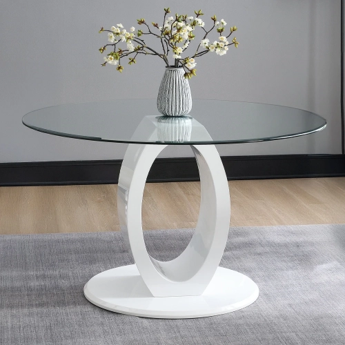 Larry 48" Round Dining Table in Clear Glass & High Gloss White Finish