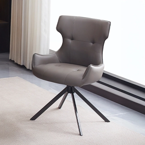 Damita Swivel Dining Chair in Tufted Camel Synthetic Leather & Black Metal (Set of 2)