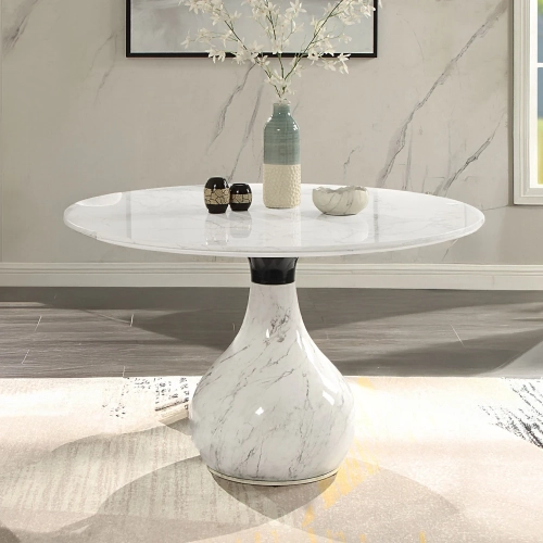 Koen 48" Round Dining Table in White & Black Engineered Marble & Marble Pattern Metal