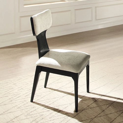 Marioly Dining Chair in White Chenille Fabric & Black Wood (Set of 2)
