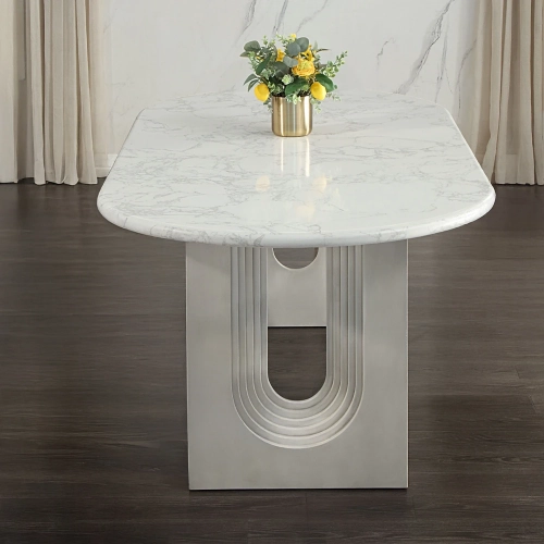 Zayn Dining Table in White Natural Marble & White Wood