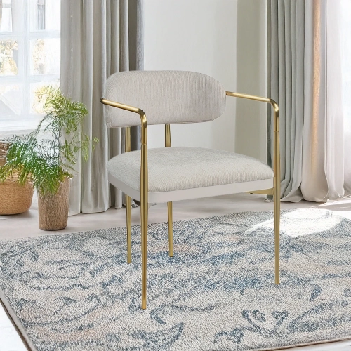 Zayn Dining Arm Chair in Beige Chenille Fabric & Gold Metal (Set of 2)