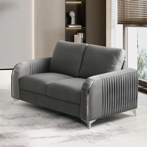 Wenona Loveseat in Pleated Gray Velvet & Chrome