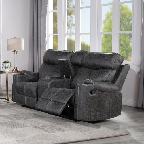 Hirah Manual Recline Loveseat w/ Console & USB Port in Dark Gray Polished Microfiber