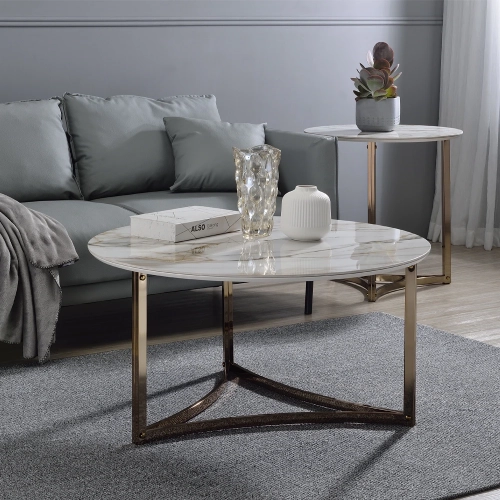 Aziz Coffee Table in Sintered Stone Top & Champagne Metal