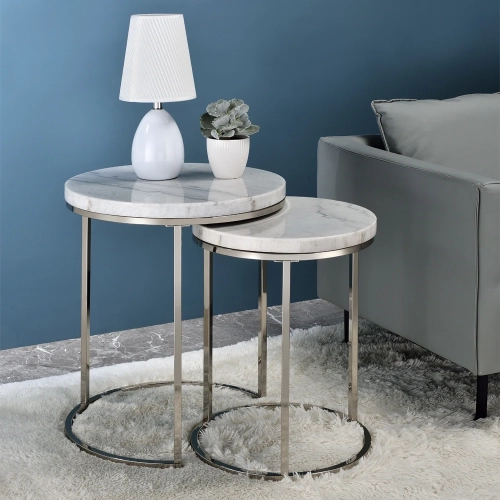 Zaidee Nesting Table Set in Natural Marble & Nickel