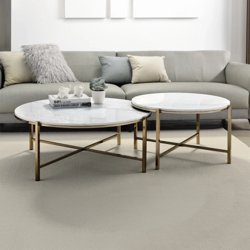 Zaidee Nesting Table Set in Natural Marble & Champagne