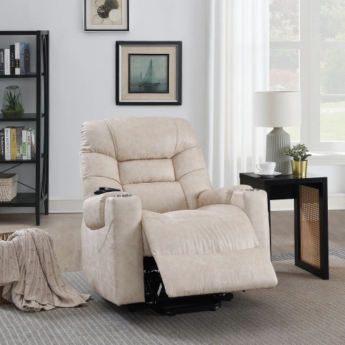 Nairi Power Lift Recliner w/ Heating & Massage in Ivory Polished Microfiber