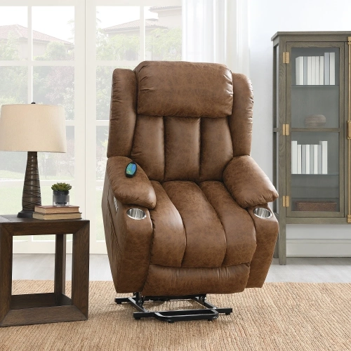 Omarion Power Lift Recliner w/ Heating & Massage in Brown Polished Microfiber