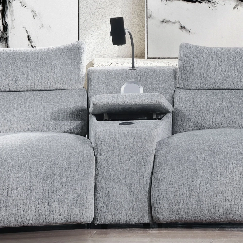 Fullar Modular Console w/ Wireless Charger in Light Gary Chenille Fabric