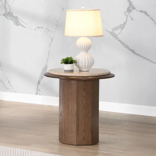 Kasha Coffee Table in Beige Travertine & Walnut Brown Finish