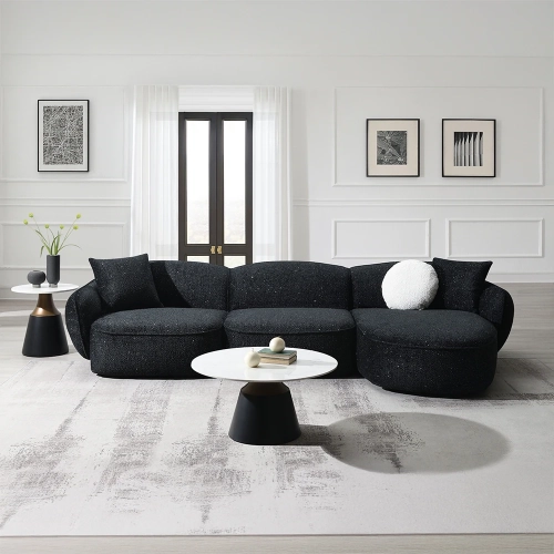 Lucifer Sectional Sofa w/ Right Facing Chaise in Black Shimmer Chenille Fabric