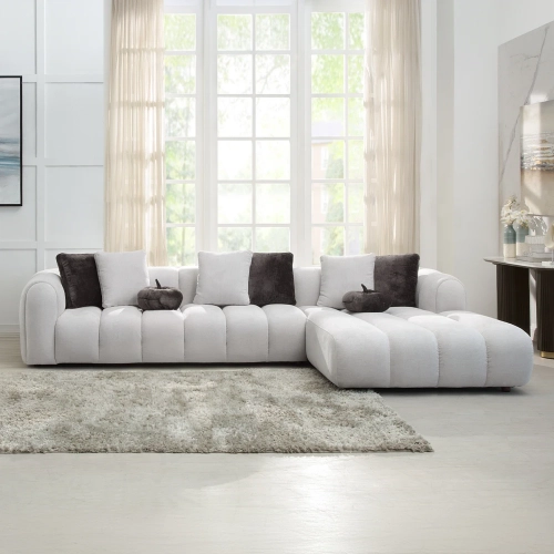Manilla Sectional Sofa w/ Right Facing Chaise in Channel Tufted Ivory White Linen