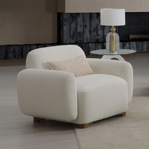 Darius Accent Chair with Pillow in Beige Boucle Fabric