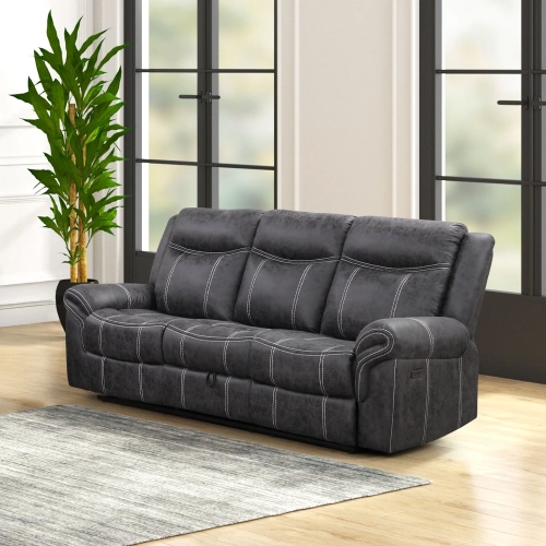 Zubaida Manual Recline Sofa w/ Drop Table & USB Port in Dark Gray Microfiber