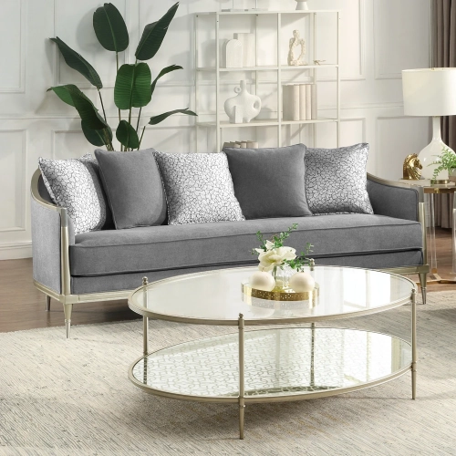 Fernando Sofa w/ 5 Pillows in Gray Chenille & Champagne Wood