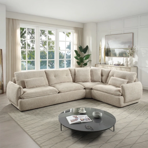 Jonina Sectional Sofa w/ 4 Pillows in Beige Chenille