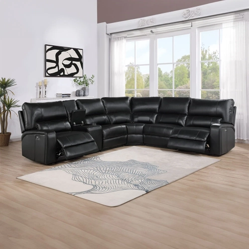 Saul 6 Piece Power Recline Sectional Sofa in Black Leather Aire
