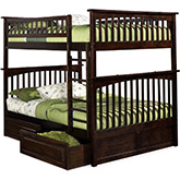 Columbia Bunk Bed Full Over Full w/ 2 Raised Panel Bed Drawers in Antique Walnut