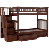 Columbia Staircase Bunk Bed Twin Over Twin w/ 2 Raised Panel Drawers in Antique Walnut