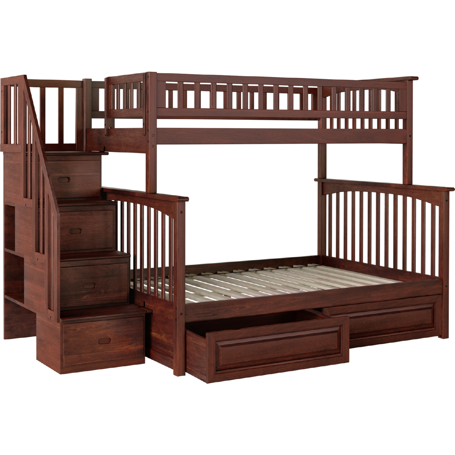 Columbia Staircase Bunk Bed Twin Over Full w/ 2 Raised Panel Drawers in Antique Walnut