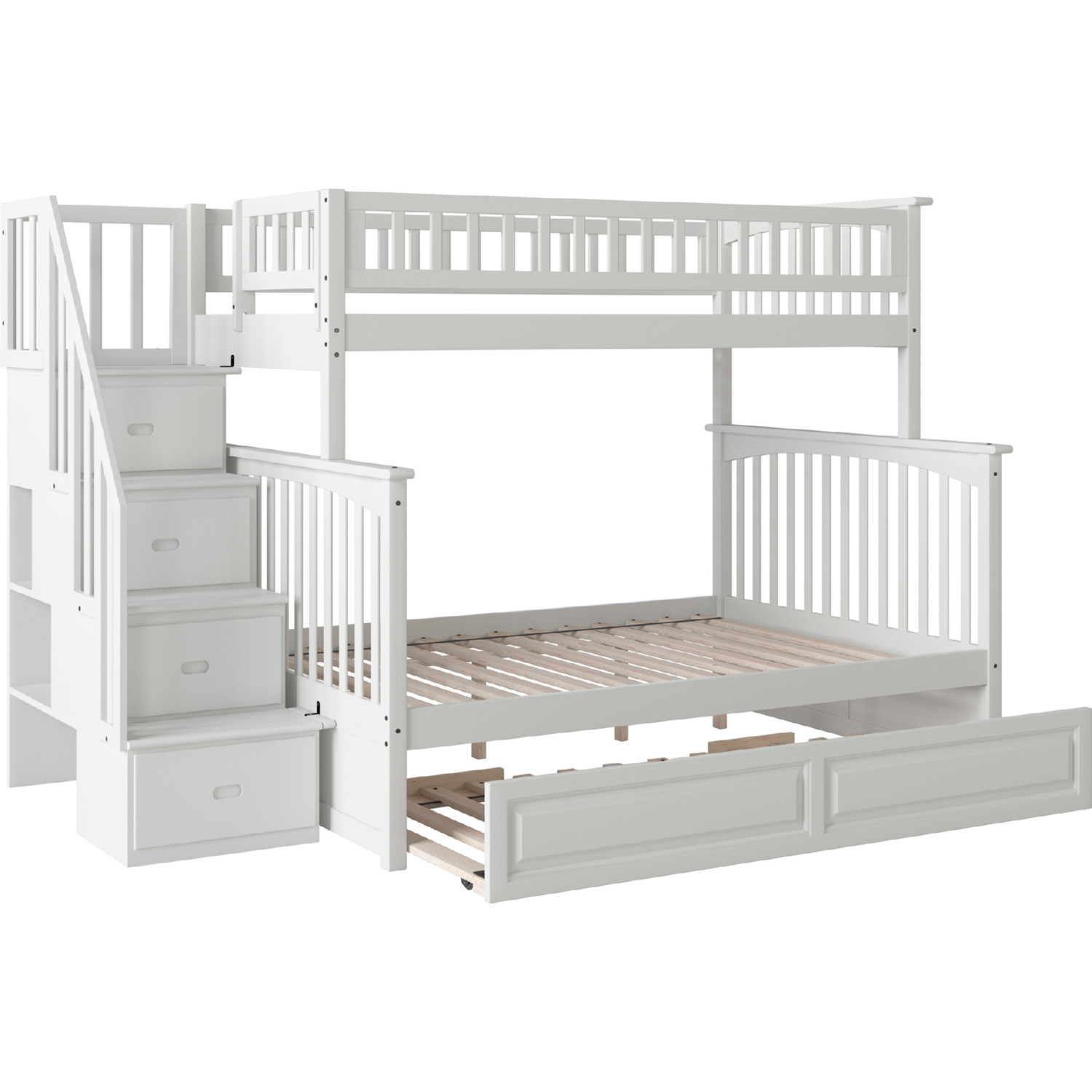 Columbia Staircase Bunk Bed Twin Over Full w/ Raised Panel Trundle in White