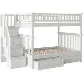 Columbia Staircase Bunk Bed Full Over Full w/ 2 Raised Panel Bed Drawers in White
