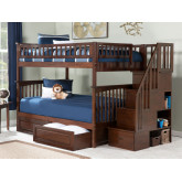 Columbia Staircase Bunk Bed Full Over Full w/ 2 Raised Panel Bed Drawers in Antique Walnut