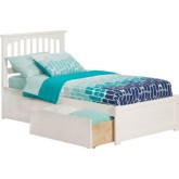 Mission Twin XL Bed w/ Flat Panel Footboard & 2 Bed Drawers in White
