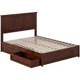 Felicity Full Platform Bed w/ Panel Footboard, Drawers & Charging in Walnut Finish