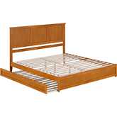 Felicity King Platform Bed w/ Panel Footboard, Twin XL Trundle & Charging in Light Toffee