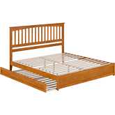 Everett King Platform Bed w/ Panel Footboard, Twin XL Trundle & Charging in Light Toffee