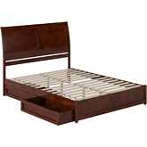 Andorra Queen Platform Bed w/ Panel Footboard, Drawers & Charging in Walnut Finish