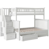 Columbia Staircase Bunk Bed Twin Over Full w/ 2 Raised Panel Drawers in White