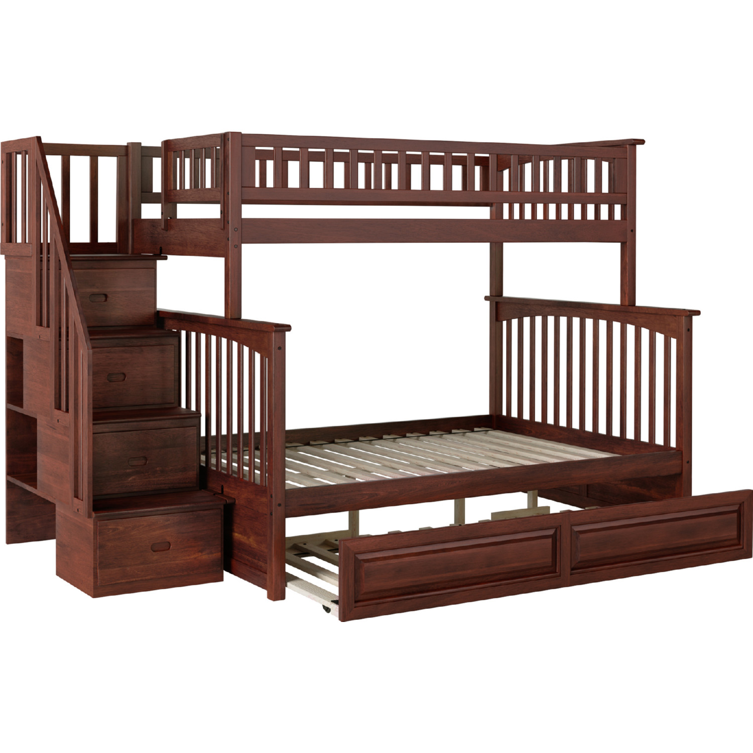 Columbia Staircase Bunk Bed Twin Over Full w/ Raised Panel Trundle in Antique Walnut