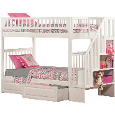 Woodland Staircase Bunk Bed Twin Over Twin w/ 2 Raised Panel Drawers in White
