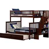 Woodland Staircase Bunk Bed Twin Over Full w/ Twin Raised Panel Trundle in Antique Walnut