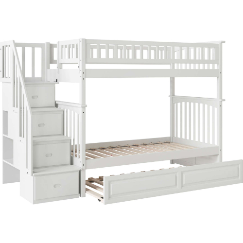 Columbia Staircase Twin over Twin Bunk Bed with Raised Panel Trundle in White