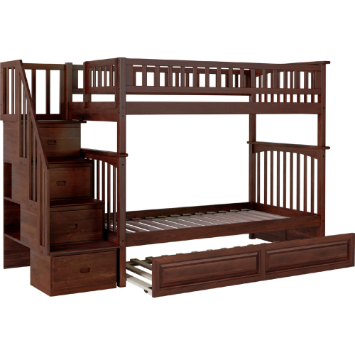 Columbia Staircase Twin over Twin Bunk Bed with Raised Panel Trundle in Antique Walnut